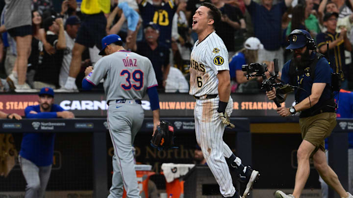 Aug 10, 2025; Milwaukee, Wisconsin, USA;  Milwaukee Brewers left fielder Isaac Collins (6) celebrates after hitting a walk-off home run in the ninth inning against the New York Mets at American Family Field. Mandatory Credit: Benny Sieu-Imagn Images