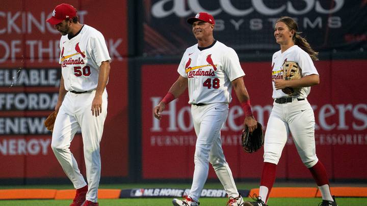 From left: St. Louis' Adam Wainwright, Rick Ankiel andTaylor Shumaker walk on the field during MLB's Home Run Derby X at Principal Park on Aug. 30, 2025, in Des Moines.