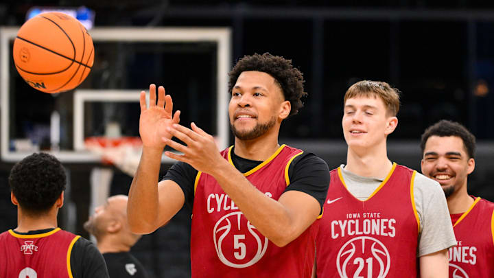 Mar 19, 2026; St. Louis, MO, USA; Iowa State Cyclones forward Joshua Jefferson (5) receives a pass during a practice session ahead of the first round of the men's 2026 NCAA Tournament at Enterprise Center. 