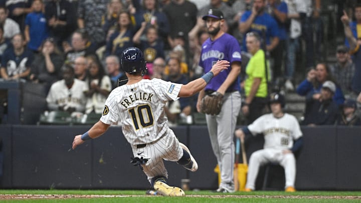 Milwaukee Brewers outfielder Sal Frelick (10) scores a run against the Colorado Rockies in the fourth inning at American Family Field. Milwaukee Brewers outfielder Sal Frelick (10) scores a run against the Colorado Rockies in the fourth inning at American Family Field.