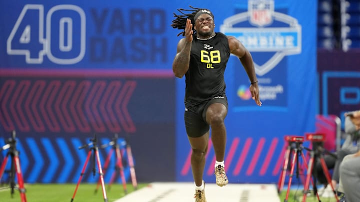 Texas A&M defensive lineman Shemar Stewart (DL68) participates in drills during the 2025 NFL Combine at Lucas Oil Stadium. 