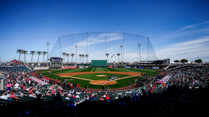 Fans take their seats before the first inning of the MLB Cactus League spring training game.