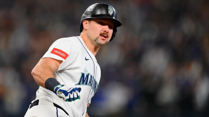 Oct 17, 2025; Seattle, Washington, USA; Seattle Mariners catcher Cal Raleigh (29) reacts after hitting a home run against the Toronto Blue Jays during the eighth inning during game five of the ALCS round for the 2025 MLB playoffs at T-Mobile Park. 