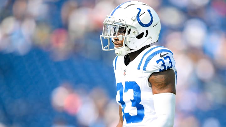 Oct 13, 2024; Nashville, Tennessee, USA;  Indianapolis Colts cornerback Samuel Womack III (33) during pregame warmups against the Tennessee Titans at Nissan Stadium. Mandatory Credit: Steve Roberts-Imagn Images