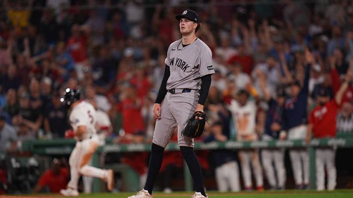 Jun 25, 2026; Boston, Massachusetts, USA; New York Yankees pitcher Cam Schlittler (31) looks on as Boston Red Sox third baseman Caleb Durbin (5) hits a two run home run in the fifth inning at Fenway Park. Mandatory Credit: David Butler II-Imagn Images