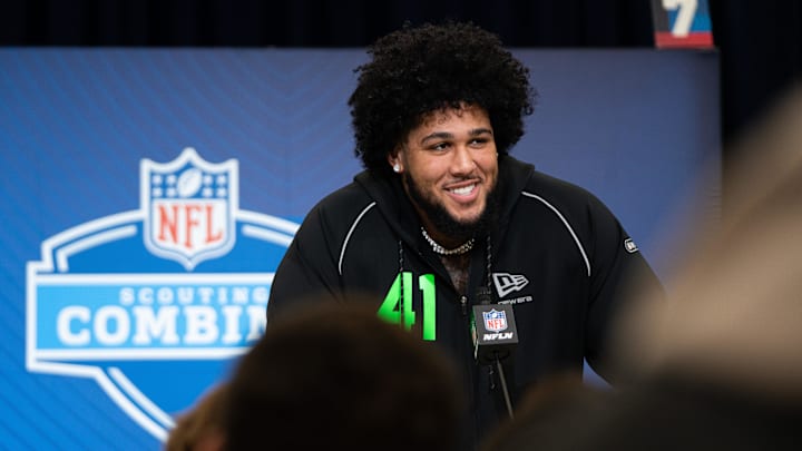 Feb 28, 2026; Indianapolis, IN, USA; Alabama offensive lineman Kadyn Proctor (OL41) speaks to members of the media during the NFL Combine at the Indiana Convention Center. Mandatory Credit: Jacob Musselman-Imagn Images