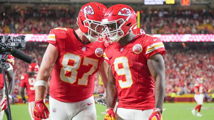 Sep 14, 2026; Kansas City, Missouri, USA; Kansas City Chiefs running back Kenneth Walker III (9) celebrates with tight end Travis Kelce (87) after scoring a touchdown against the Denver Broncos during the game at GEHA Field at Arrowhead Stadium. Mandatory Credit: Denny Medley-Imagn Images Sep 14, 2026; Kansas City, Missouri, USA; Kansas City Chiefs running back Kenneth Walker III (9) celebrates with tight end Travis Kelce (87) after scoring a touchdown against the Denver Broncos during the game at GEHA Field at Arrowhead Stadium. Mandatory Credit: Denny Medley-Imagn Images