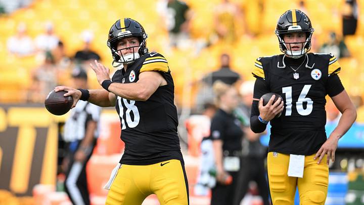 Aug 13, 2026; Pittsburgh, Pennsylvania, USA; Pittsburgh Steelers quarterbacks Will Howard (18) and Drew Allar (16) warm up for a pre-season game against the Green Bay Packers at Acrisure Stadium. Mandatory Credit: Barry Reeger-Imagn Images Aug 13, 2026; Pittsburgh, Pennsylvania, USA; Pittsburgh Steelers quarterbacks Will Howard (18) and Drew Allar (16) warm up for a pre-season game against the Green Bay Packers at Acrisure Stadium. Mandatory Credit: Barry Reeger-Imagn Images