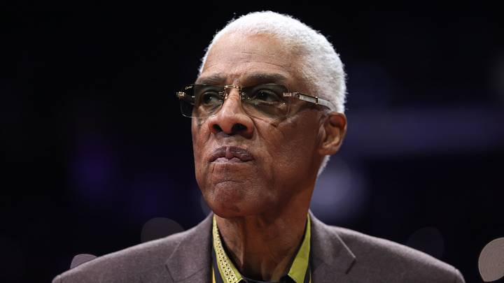 Feb 19, 2026; Philadelphia, Pennsylvania, USA; Hall of Fame and former Philadelphia 76ers Julius Dr. J Erving looks on before action against the Atlanta Hawks at Xfinity Mobile Arena. Mandatory Credit: Bill Streicher-Imagn Images