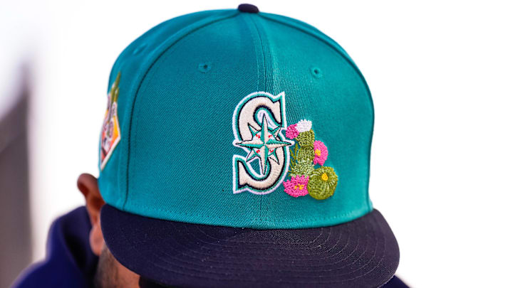 Feb 12, 2026; Phoenix, AZ, USA; Spring Training Hat details at Seattle Mariners workouts in Peoria, Arizona. Mandatory Credit: Arianna Grainey-Imagn Images