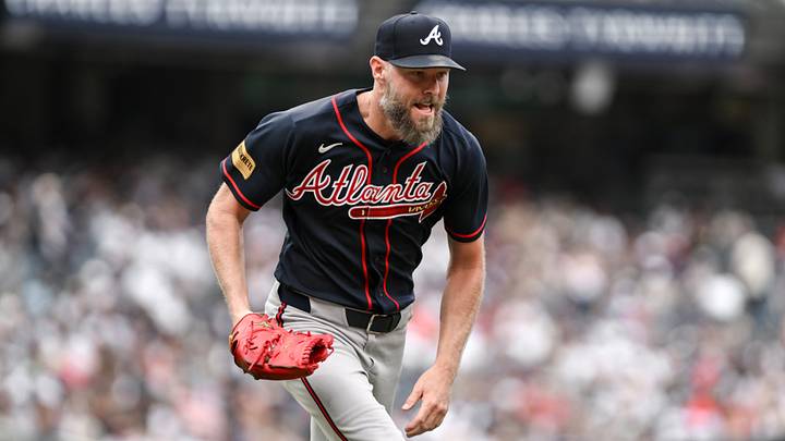 Aug 8, 2026; Bronx, New York, USA; Atlanta Braves pitcher Chris Sale (51) fields a ground ball hit by New York Yankees third baseman Amed Rosario (not pictured) and races to first base for the force out during the second inning at Yankee Stadium. Mandatory Credit: John Jones-Imagn Images Aug 8, 2026; Bronx, New York, USA; Atlanta Braves pitcher Chris Sale (51) fields a ground ball hit by New York Yankees third baseman Amed Rosario (not pictured) and races to first base for the force out during the second inning at Yankee Stadium. Mandatory Credit: John Jones-Imagn Images