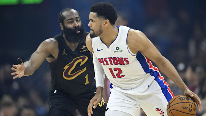 Mar 3, 2026; Cleveland, Ohio, USA; Cleveland Cavaliers guard James Harden (1) defends Detroit Pistons forward Tobias Harris (12) in the third quarter at Rocket Arena. Mandatory Credit: David Richard-Imagn Images