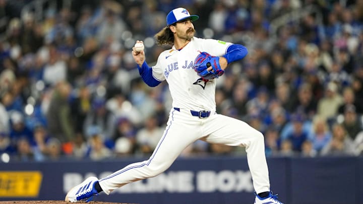 Mar 28, 2026; Toronto, Ontario, CAN;  Toronto Blue Jays pitcher Dylan Cease (84) pitches to the Athletics during the first inning at Rogers Centre. Mandatory Credit: Kevin Sousa-Imagn Images