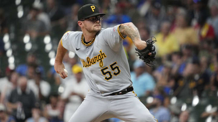 Jun 23, 2025; Milwaukee, Wisconsin, USA; Pittsburgh Pirates pitcher Chase Shugart (55) delivers a pitch against the Milwaukee Brewers in the fifth inning at American Family Field. Mandatory Credit: Michael McLoone-Imagn Images