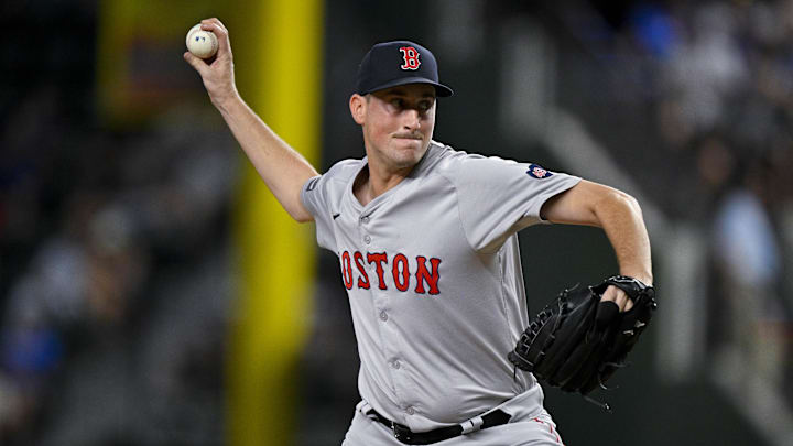 Aug 3, 2024; Arlington, Texas, USA; Boston Red Sox starting pitcher Cooper Criswell (64) in action during the game between the Texas Rangers and the Boston Red Sox at Globe Life Field. Mandatory Credit: Jerome Miron-Imagn Images Aug 3, 2024; Arlington, Texas, USA; Boston Red Sox starting pitcher Cooper Criswell (64) in action during the game between the Texas Rangers and the Boston Red Sox at Globe Life Field. Mandatory Credit: Jerome Miron-Imagn Images