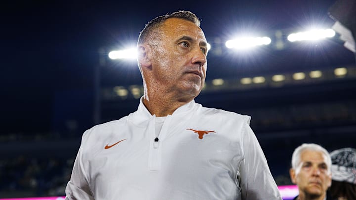 Texas Longhorns head coach Steve Sarkisian is interviewed by the media after the game against the Kentucky Wildcats at Kroger Field. 