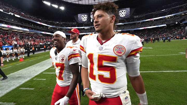 Oct 27, 2024; Paradise, Nevada, USA; Kansas City Chiefs wide receiver Mecole Hardman (17) and quarterback Patrick Mahomes (15) leave the field after the game against the Las Vegas Raiders at Allegiant Stadium. Mandatory Credit: Kirby Lee-Imagn Images