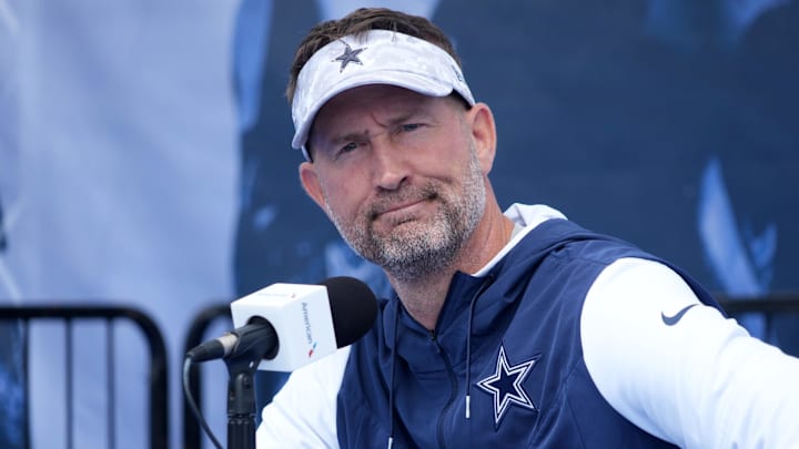 Dallas Cowboys coach Brian Schottenheimer during training camp press conference at the River Ridge Fields.