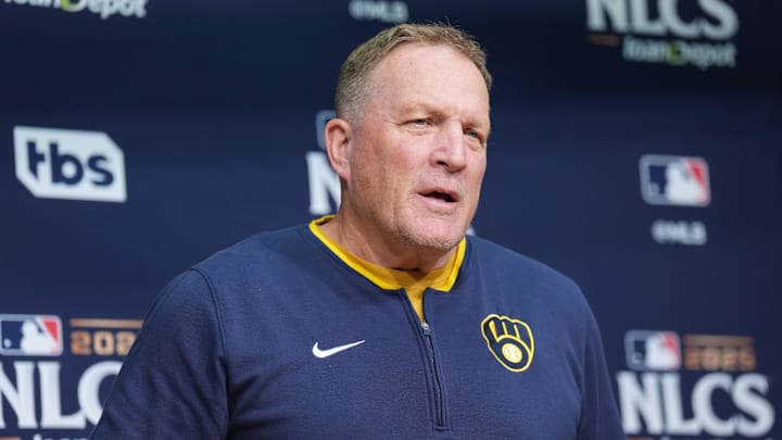 Oct 16, 2025; Los Angeles, California, USA; Milwaukee Brewers manager Pat Murphy (49) speaks in a press conference before game three against the Los Angeles Dodgers in the NLCS round for the 2025 MLB playoffs at Dodger Stadium. Mandatory Credit: Kirby Lee-Imagn Images Oct 16, 2025; Los Angeles, California, USA; Milwaukee Brewers manager Pat Murphy (49) speaks in a press conference before game three against the Los Angeles Dodgers in the NLCS round for the 2025 MLB playoffs at Dodger Stadium. Mandatory Credit: Kirby Lee-Imagn Images