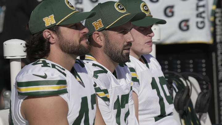 Green Bay Packers long snapper Matt Orzech (42), place kicker Brandon McManus (17) and punter Daniel Whelan (19) are shown before their game against the Houston Texans at Lambeau Field.