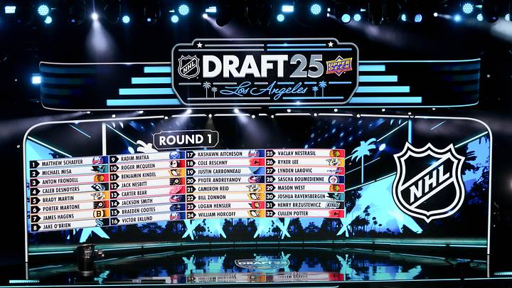 Jun 27, 2025; Los Angeles, California, USA; The draft board is seen following the first round of the 2025 NHL Draft at Peacock Theater. Mandatory Credit: Kirby Lee-Imagn Images