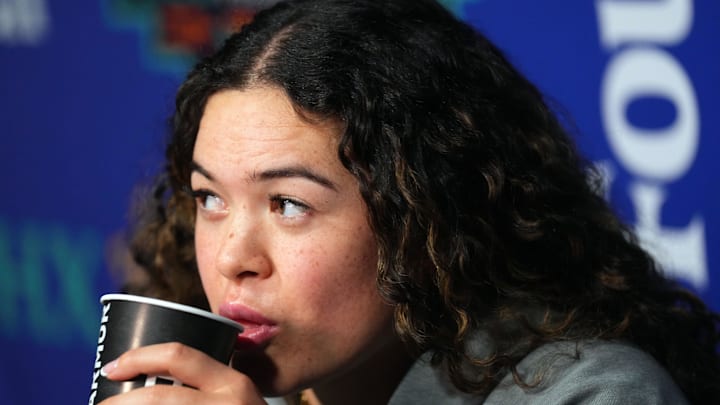 Apr 4, 2026; Phoenix, AZ, USA; UCLA Bruins player Charlisse Leger-Walker speaks to media during a Final Four National Championship press conference at Mortgage Matchup Center. Mandatory Credit: Joe Camporeale-Imagn Images