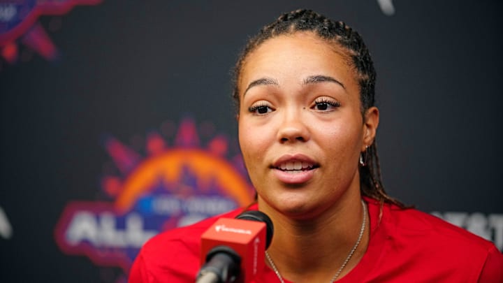 July 19, 2024; Phoenix, Ariz., U.S.; Team USA forward Napheesa Collier talks to the press during WNBA All-Star Media Day at the Footprint Center.