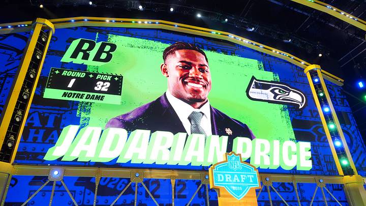 Apr 23, 2026; Pittsburgh, PA, USA; Notre Dame Fighting Irish running back Jadarian Price is selected by the Seattle Seahawks as the number 32 pick during the 2026 NFL Draft at Acrisure Stadium. Mandatory Credit: Kirby Lee-Imagn Images Apr 23, 2026; Pittsburgh, PA, USA; Notre Dame Fighting Irish running back Jadarian Price is selected by the Seattle Seahawks as the number 32 pick during the 2026 NFL Draft at Acrisure Stadium. Mandatory Credit: Kirby Lee-Imagn Images