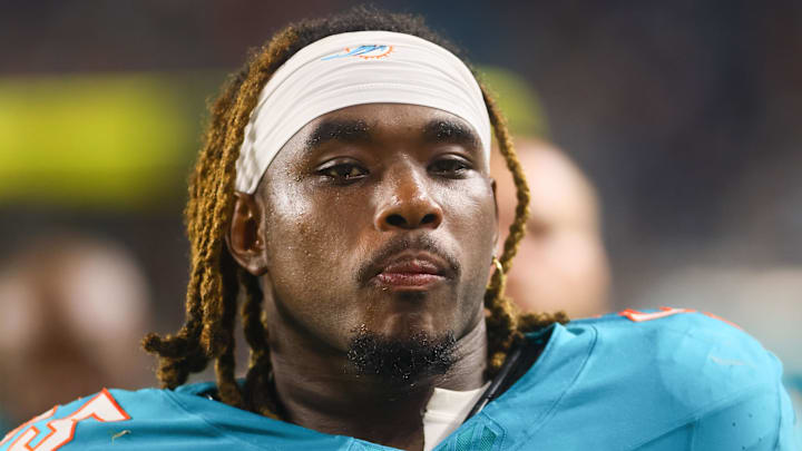 Miami Dolphins center Aaron Brewer (55) looks on after the first half against the Tennessee Titans at Hard Rock Stadium in 2024.