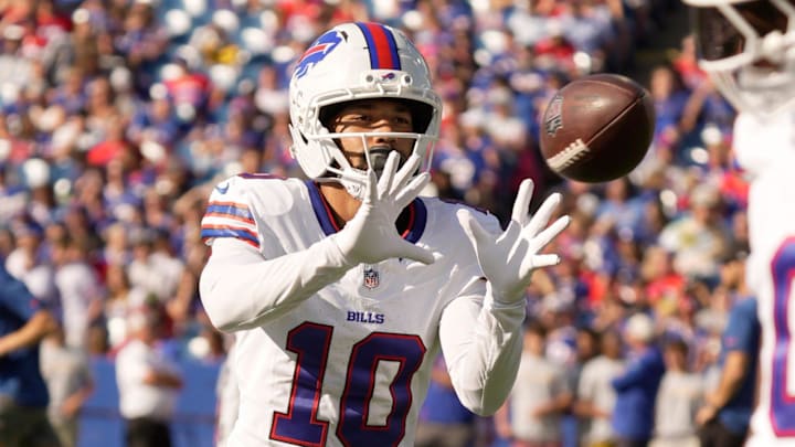 Buffalo Bills wide receiver Khalil Shakir catches a pass after running a route during the Return of the Blue Red practice at Highmark Stadium in Orchard Park on Aug.1, 2025.