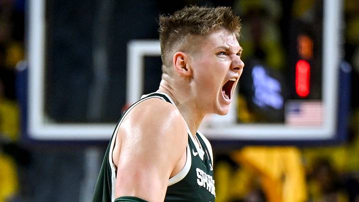 Michigan State's Jaxon Kohler celebrates after making a 3-pointer against Michigan during the second half on Sunday, March 8, 2026, at the Crisler Center in Ann Arbor. Michigan State's Jaxon Kohler celebrates after making a 3-pointer against Michigan during the second half on Sunday, March 8, 2026, at the Crisler Center in Ann Arbor.