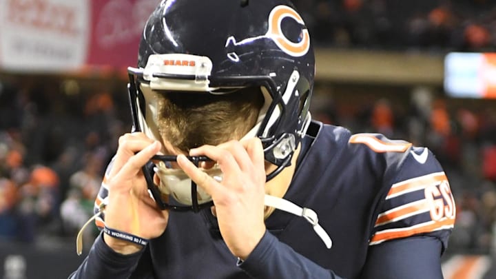 Cody Parkey covers his face in shame after the double doink ended a dream Bears season when they lost to the defending Super Bowl champs 16-15.