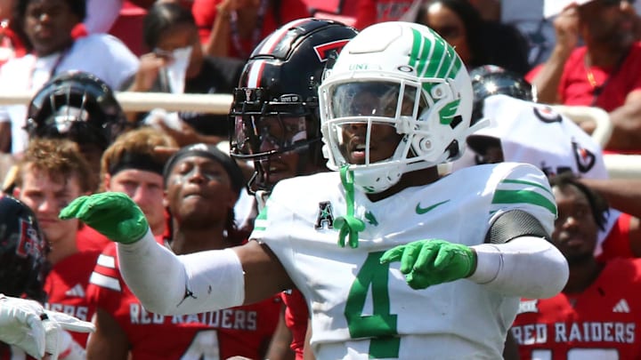 Sep 14, 2024; Lubbock, Texas, USA; North Texas Mean Green defensive back Brian Nelson (4) signals in the second half during the game against the Texas Tech Red Raiders at Jones AT&T Stadium and Cody Campbell Field. Mandatory Credit: Michael C. Johnson-Imagn Images Sep 14, 2024; Lubbock, Texas, USA; North Texas Mean Green defensive back Brian Nelson (4) signals in the second half during the game against the Texas Tech Red Raiders at Jones AT&T Stadium and Cody Campbell Field. Mandatory Credit: Michael C. Johnson-Imagn Images