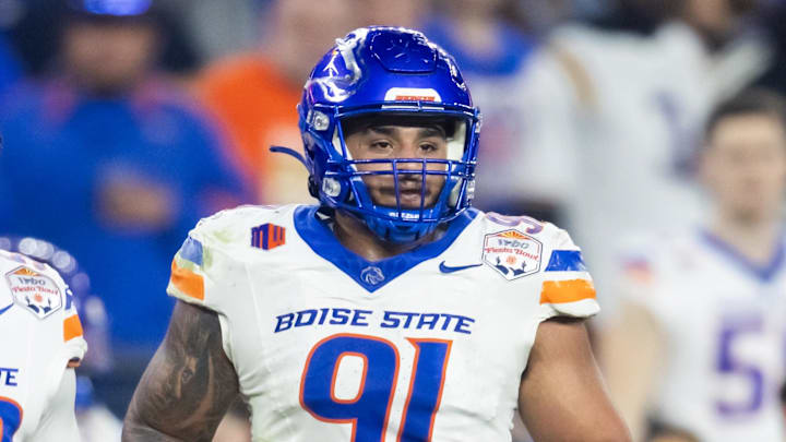 Dec 31, 2024; Glendale, AZ, USA; Boise State Broncos defensive end Ahmed Hassanein (91) against the Penn State Nittany Lions during the Fiesta Bowl at State Farm Stadium. Mandatory Credit: Mark J. Rebilas-Imagn Images