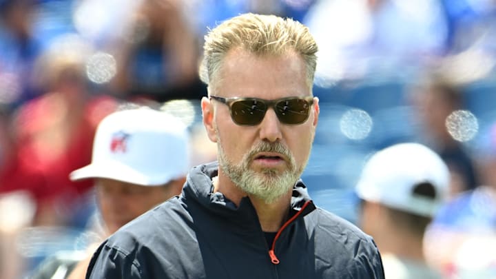 Aug 10, 2024; Orchard Park, New York, USA; Chicago Bears head coach Matt Eberflus watches his team before a pre-season game against the Buffalo Bills at Highmark Stadium. Mandatory Credit: Mark Konezny-USA TODAY Sports