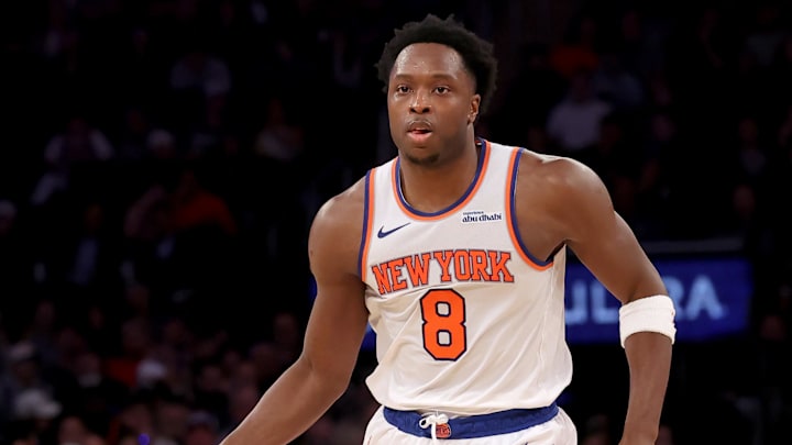 Nov 18, 2024; New York, New York, USA; New York Knicks forward OG Anunoby (8) brings the ball up court against the Washington Wizards during the third quarter at Madison Square Garden. Mandatory Credit: Brad Penner-Imagn Images Nov 18, 2024; New York, New York, USA; New York Knicks forward OG Anunoby (8) brings the ball up court against the Washington Wizards during the third quarter at Madison Square Garden. Mandatory Credit: Brad Penner-Imagn Images