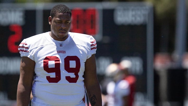 May 9, 2025; Santa Clara, CA, USA; San Francisco 49ers second-round draft pick Alfred Collins (99) watches his teammates work out during the teamís rookie minicamp. Mandatory Credit: D. Ross Cameron-Imagn Images