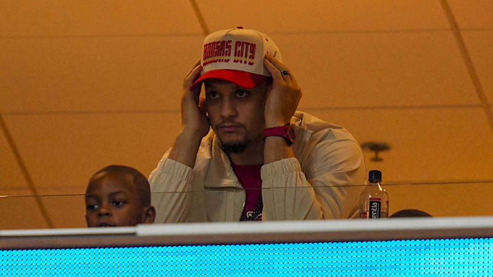 Dec 25, 2025; Kansas City, Missouri, USA; Patrick Mahomes watches the action from a suite during the third quarter at GEHA Field at Arrowhead Stadium. Mandatory Credit: Jay Biggerstaff-Imagn Images