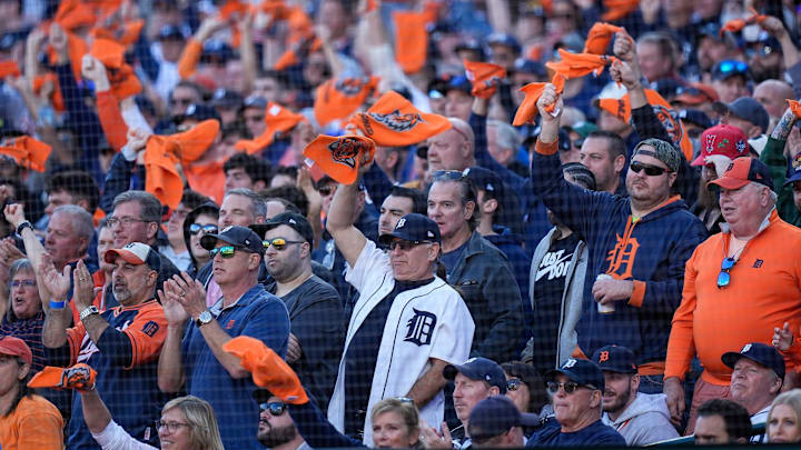 Detroit Tigers fans cheer on against Cleveland Guardians at Game 3 of ALDS at Comerica Park in Detroit on Wednesday, Oct. 9, 2024.