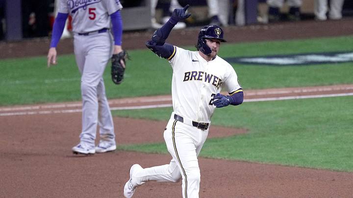 Oct 11, 2026; Milwaukee, Wisconsin, USA; Milwaukee Brewers second baseman Brice Turang (2) celebrates a solo home during the fourth inning of their National League Championship Series game against the Los Angeles Dodgers at American Family Field on Oct 11, 2026. Mandatory Credit: Mark Hoffman-USA TODAY Network via Imagn Images Oct 11, 2026; Milwaukee, Wisconsin, USA; Milwaukee Brewers second baseman Brice Turang (2) celebrates a solo home during the fourth inning of their National League Championship Series game against the Los Angeles Dodgers at American Family Field on Oct 11, 2026. Mandatory Credit: Mark Hoffman-USA TODAY Network via Imagn Images