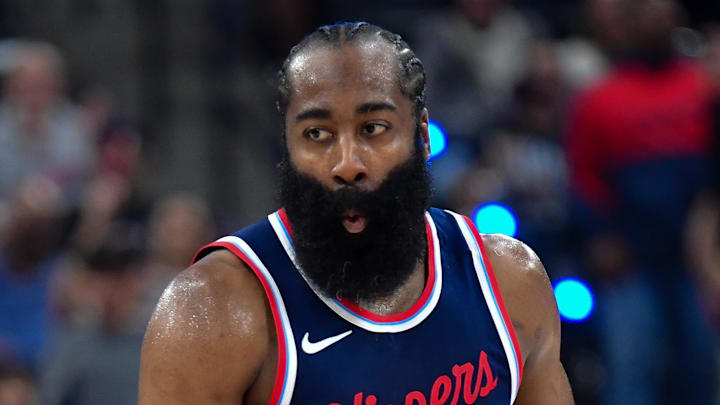 Apr. 24, 2025; Inglewood, California, USA; Los Angeles Clippers guard James Harden (1) reacts after scoring a three point basket against the Denver Nuggets during the first half of game three in the first round for the 2024 NBA Playoffs at Intuit Dome.