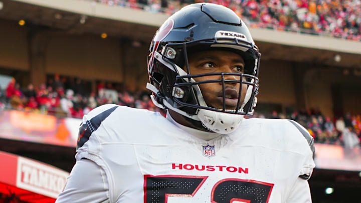 Houston Texans offensive tackle Blake Fisher (57) takes the field prior to a 2025 AFC divisional round game against the Kansas City Chiefs at GEHA Field at Arrowhead Stadium.