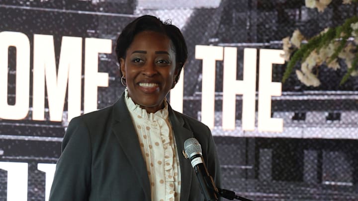 Candice Storey Lee, Vanderbilt’s athletic director, speaks during a dedication event for the South End Zone at FirstBank Stadium Thursday, Sept. 25, 2025.