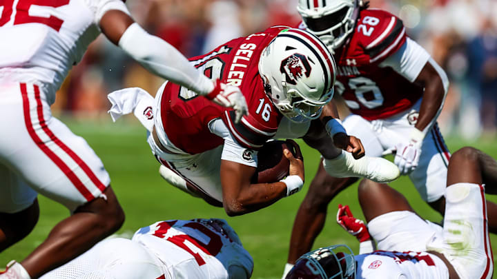 South Carolina quarterback LaNorris Sellers was sacked six times by the Oklahoma defense. South Carolina quarterback LaNorris Sellers was sacked six times by the Oklahoma defense.