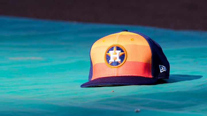 Apr 9, 2024; Kansas City, Missouri, USA; A general view of Houston Astros second base Jose Altuve (27) hat on the field during batting practice prior to a game against the Kansas City Royals at Kauffman Stadium. Mandatory Credit: Denny Medley-Imagn Images