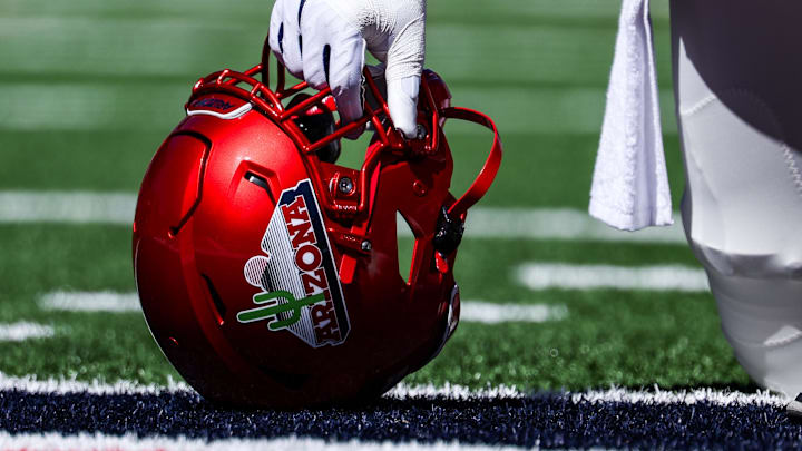 Oct 4, 2025; Tucson, Arizona, USA; The helmet of an Arizona Wildcats player is seen in the end zone before the ga,e against the Oklahoma State Cowboys at Arizona Stadium. Mandatory Credit: Aryanna Frank-Imagn Images