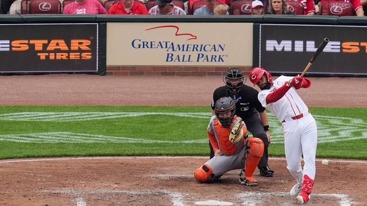 Apr 16, 2026; Cincinnati, Ohio, USA; Cincinnati Reds outfielder Rece Hinds (57) bats San Francisco Giants in the fifth inning at Great American Ball Park. Mandatory Credit: Aaron Doster-Imagn Images Apr 16, 2026; Cincinnati, Ohio, USA; Cincinnati Reds outfielder Rece Hinds (57) bats San Francisco Giants in the fifth inning at Great American Ball Park. Mandatory Credit: Aaron Doster-Imagn Images
