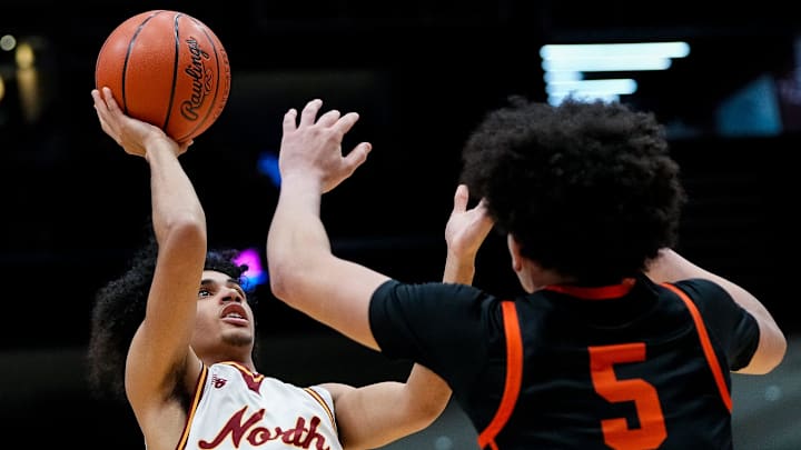 Westerville North's Elijah McCree (3) shoots the ball in the first half of the OHSAA Division II state championship game at University of Dayton Arena on March 22, 2026, in Ohio.