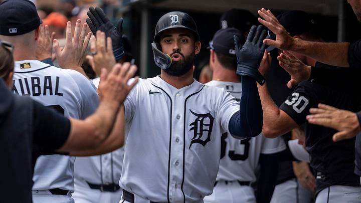 Detroit Tigers outfielder Riley Greene (31) celebrates in the dugout after scoring a run. Credit Detroit Tigers outfielder Riley Greene (31) celebrates in the dugout after scoring a run. Credit