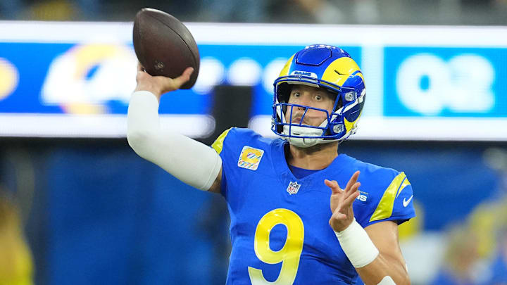 Oct 2, 2025; Inglewood, California, USA; Los Angeles Rams quarterback Matthew Stafford (9) drops back to pass against the San Francisco 49ers during the first half at SoFi Stadium. Mandatory Credit: Kirby Lee-Imagn Images